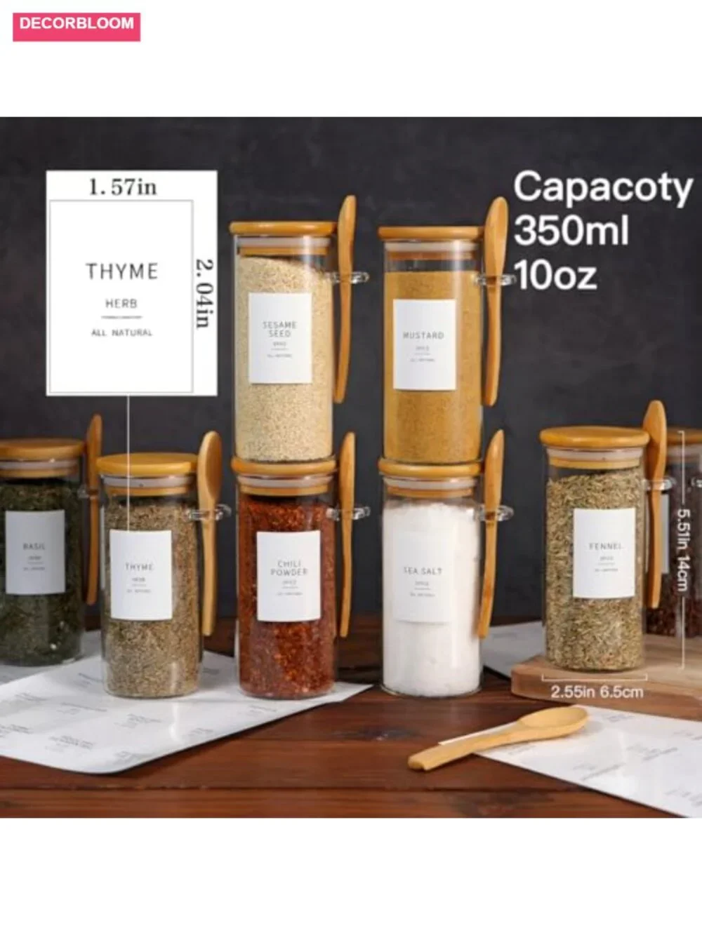 8 Glass Jars with Bamboo Lids & Spoons - 10 oz Spice Jars with Labels for